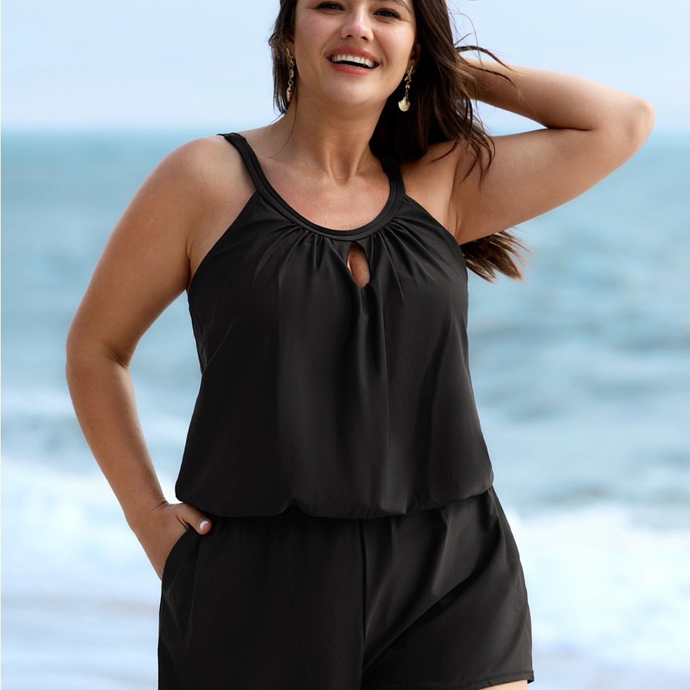BloomChic Black Sleeveless Keyhole Swim Romper NWT 22-24